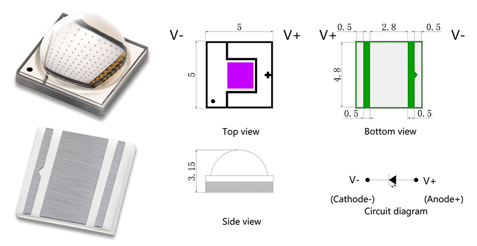 5050高功率陶瓷单晶紫外线灭菌，美甲和钞票探测器LED灯珠
